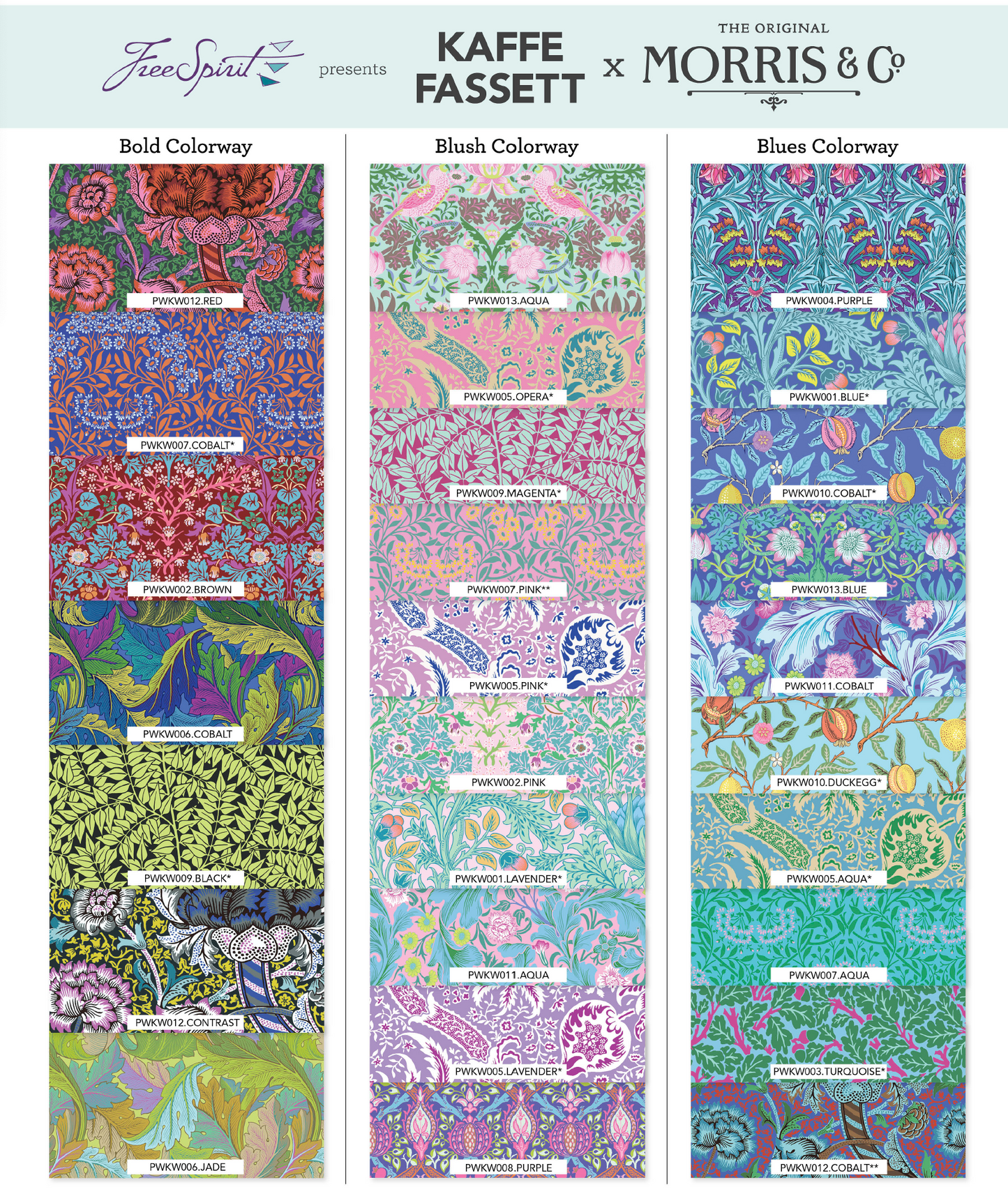 full range Wiliam morris x Kaffe fassett fabric collection by free spirit available at 2 sew textiles art quilt supplies