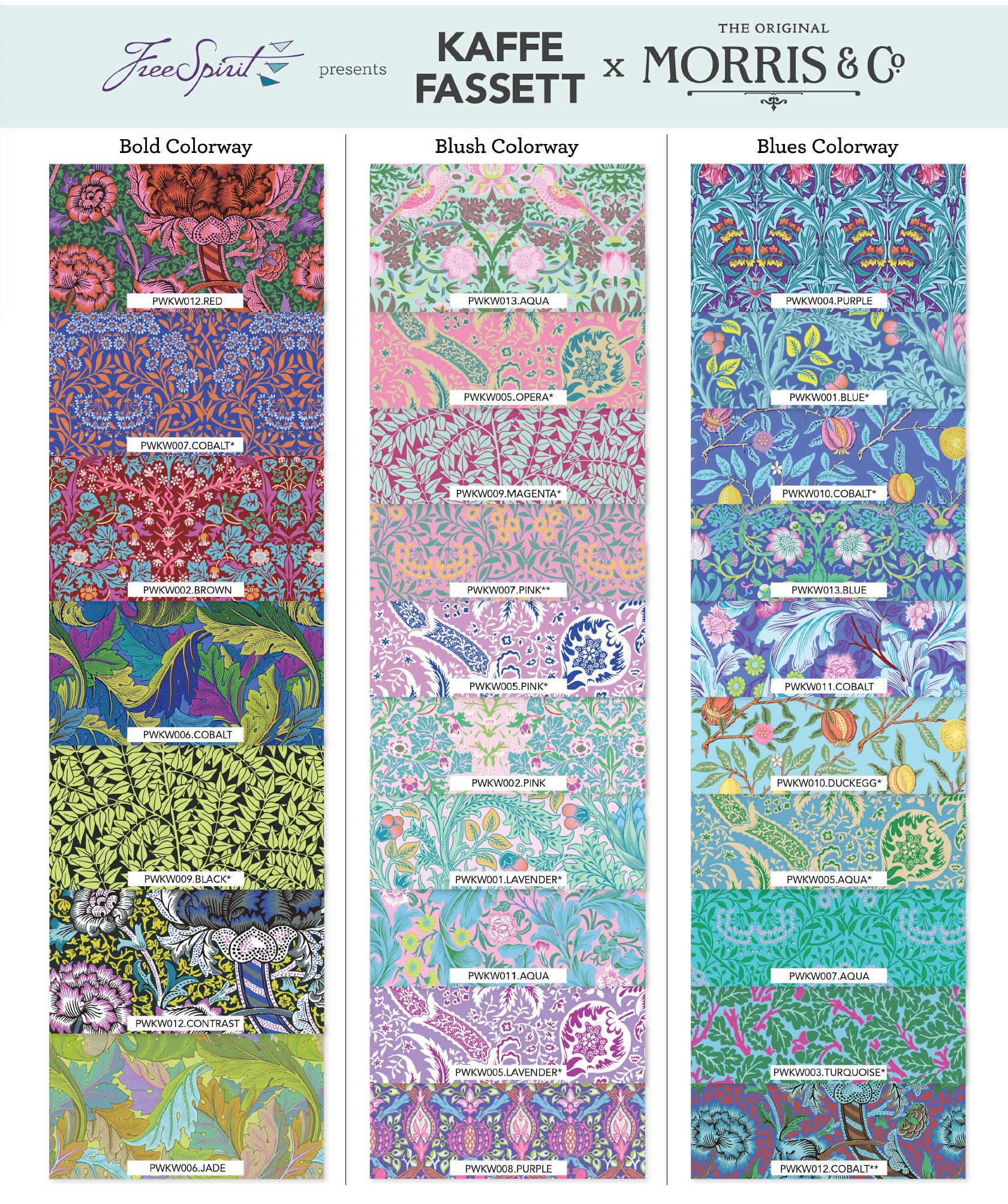 full range Wiliam morris x Kaffe fassett fabric collection by free spirit available at 2 sew textiles art quilt supplies