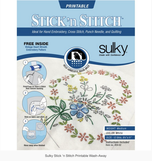 Packet front Sulky Stick 'n Stitch is ideal for Art Quilting, Hand Embroidery, Cross Stitch, Punch Needle, and Quilting. It is as easy to use as 1-2-3! Print or copy your design onto a Stick 'n Stitch sheet, at 2 Sew Textiles art quilt supplies