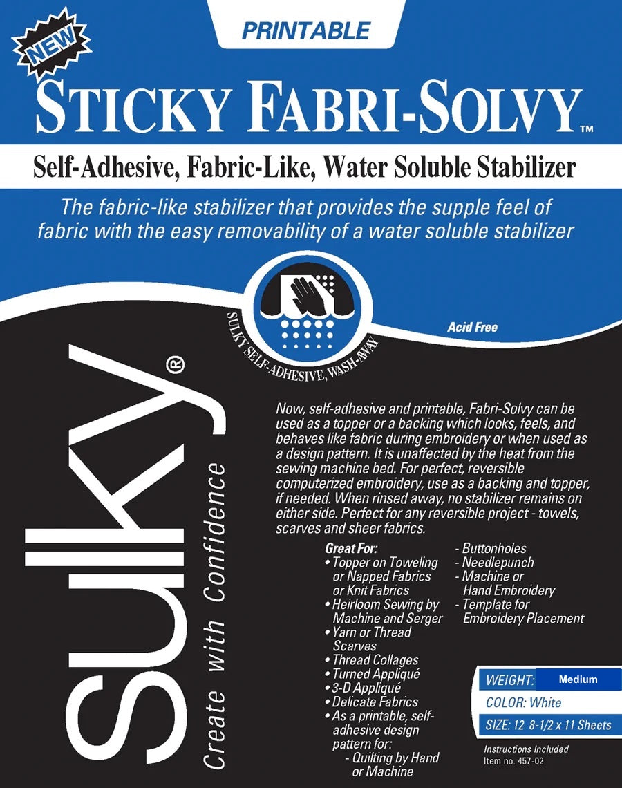 Sulky Stick 'n Stitch is ideal for Art Quilting, Hand Embroidery, Cross Stitch, Punch Needle, and Quilting. It is as easy to use as 1-2-3! Print or copy your design onto a Stick 'n Stitch sheet, at 2 Sew Textiles art quilt supplies