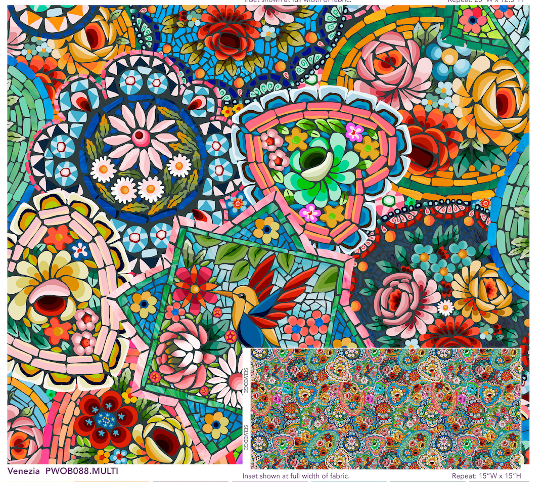 VENEZIA MULTI Murano collection by Odile Bailloeul inspired mosaics and marble, animals with flowers and cracked floors of palaces and castles. reds blues teals and greens available at 2 sew textiles art quilt supplies
