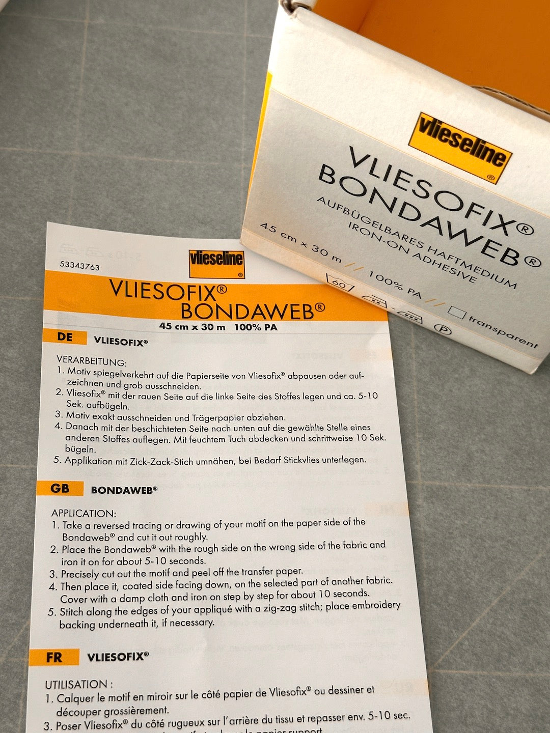 instructions and box Vilene vliesofix bondaweb for applique and collage rolls and box available at 2 sew textiles art quilt supplies