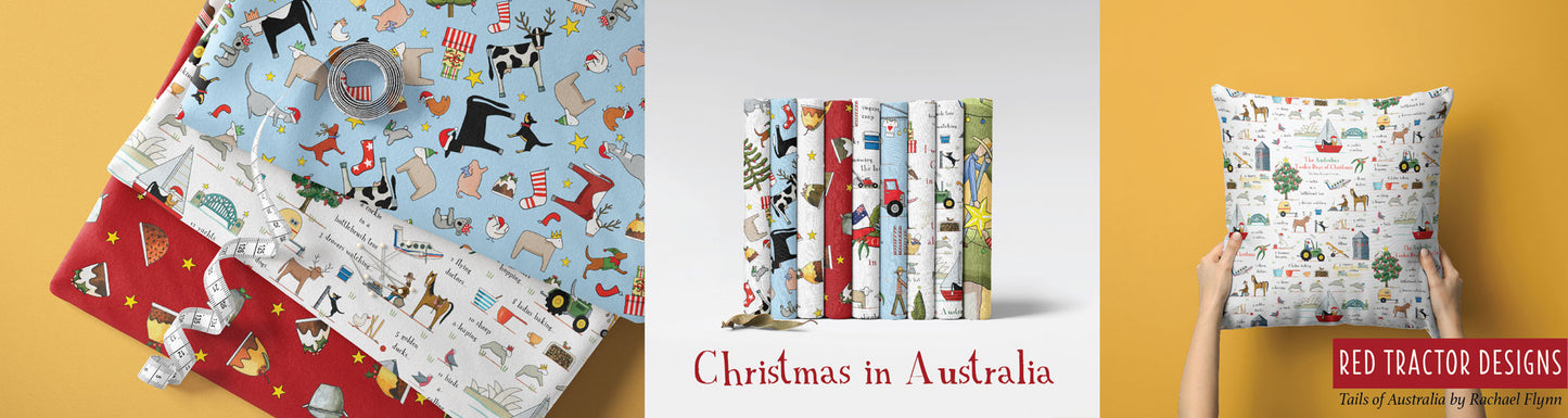 Christmas in Australia quilting craft fabric, cotton, fun xmas range with  puddings and pots by Red Tractor Designs at 2 Sew Textiles