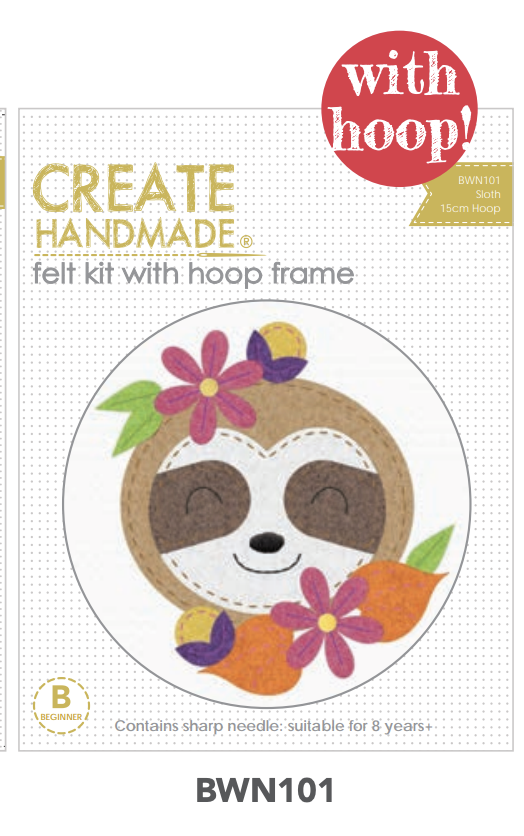 Stitchery kits felt sloth great gift stocking stuffer bwn101 Kit complete with hoop available at 2 sew textiles art quilt supplies