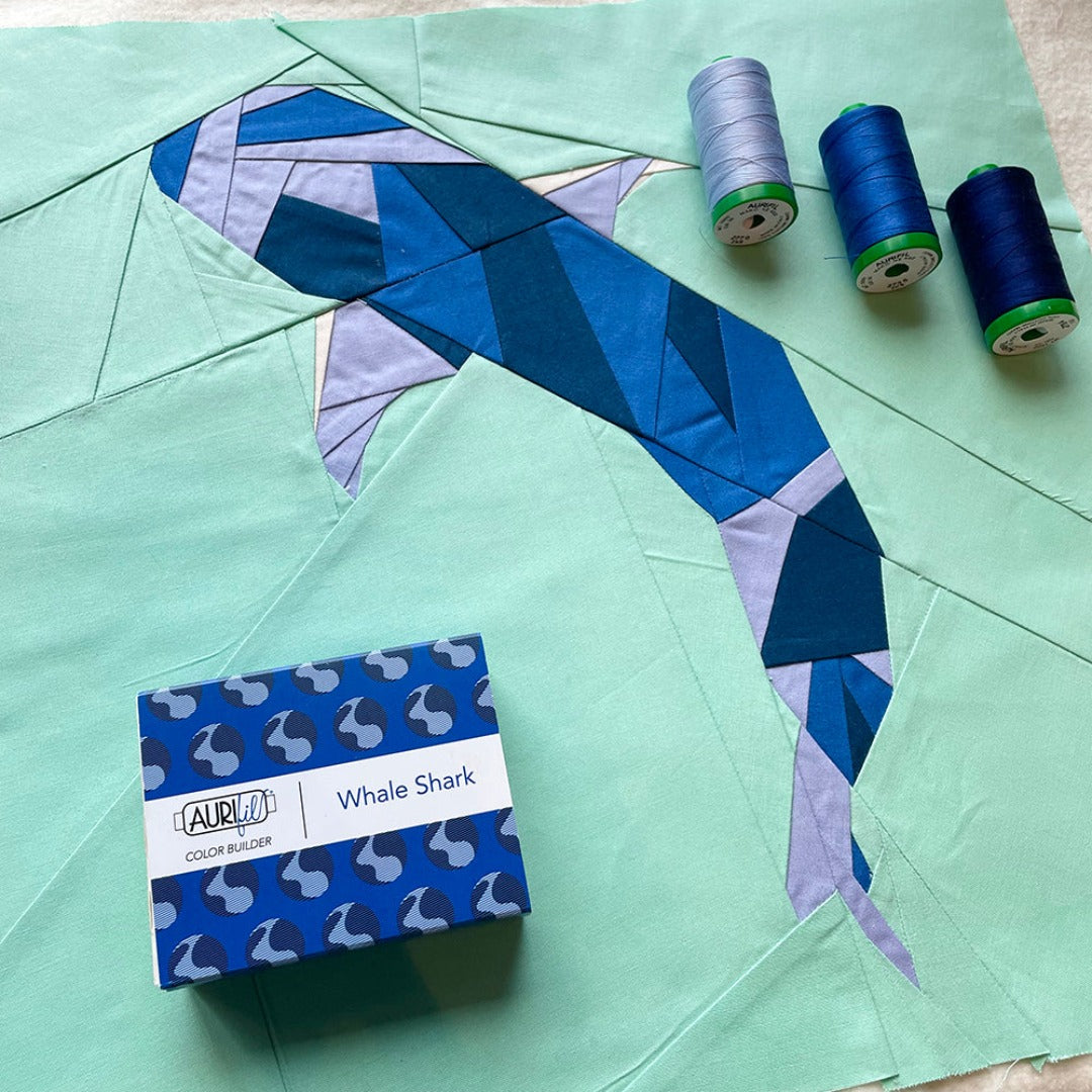 whale shark pattern and threads - Green turtle thread collection - Aurifil Thread Collection Endangered Animals 3 reels of 40Wt Foundation Paper pieced pattern and fabric