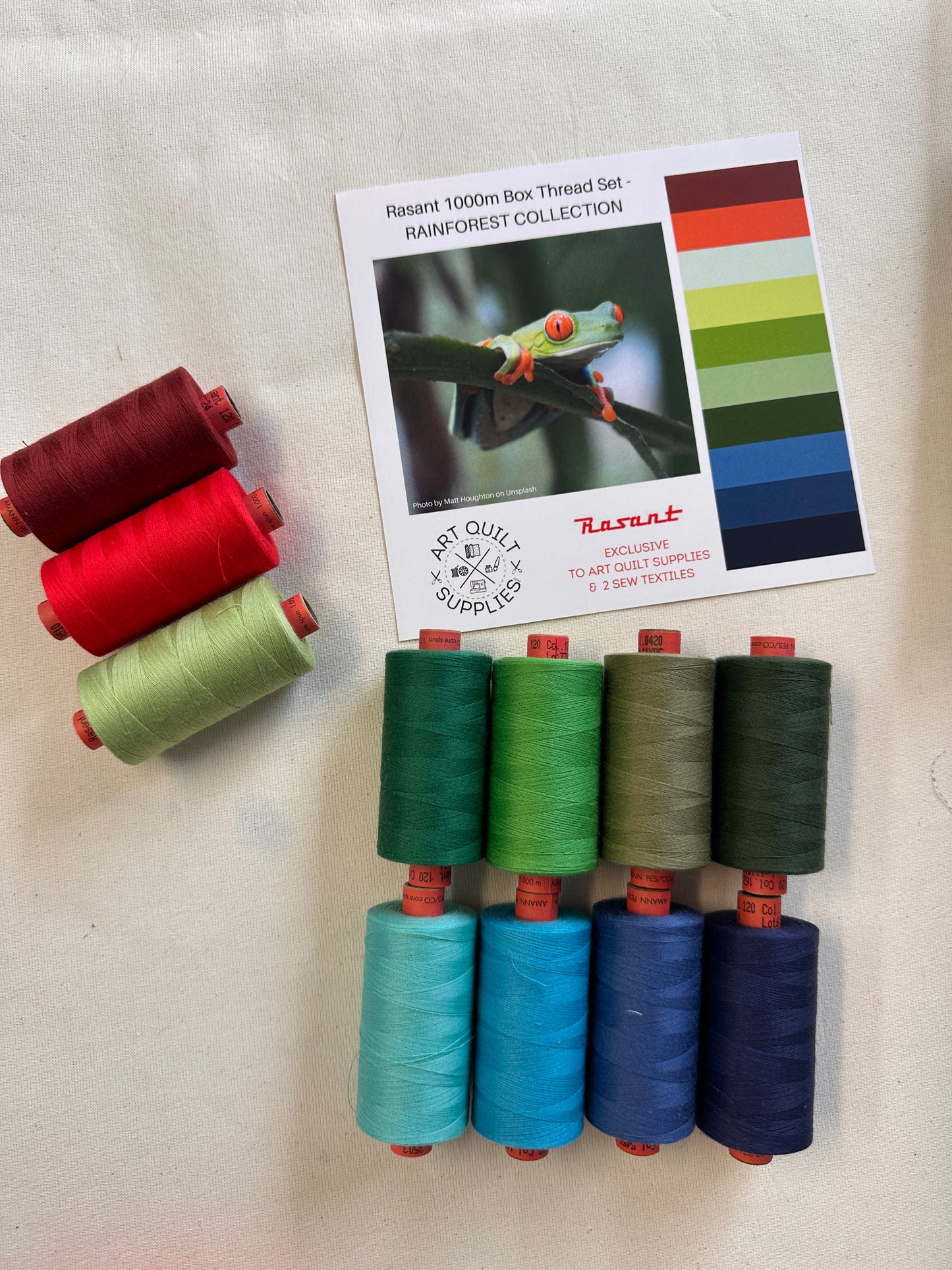 frog in rainforest
SET OF 8 or 10 Rasant sewing threads curated from beautiful photos creating the perfect collection available at 2 sew textiles art qult supplies
