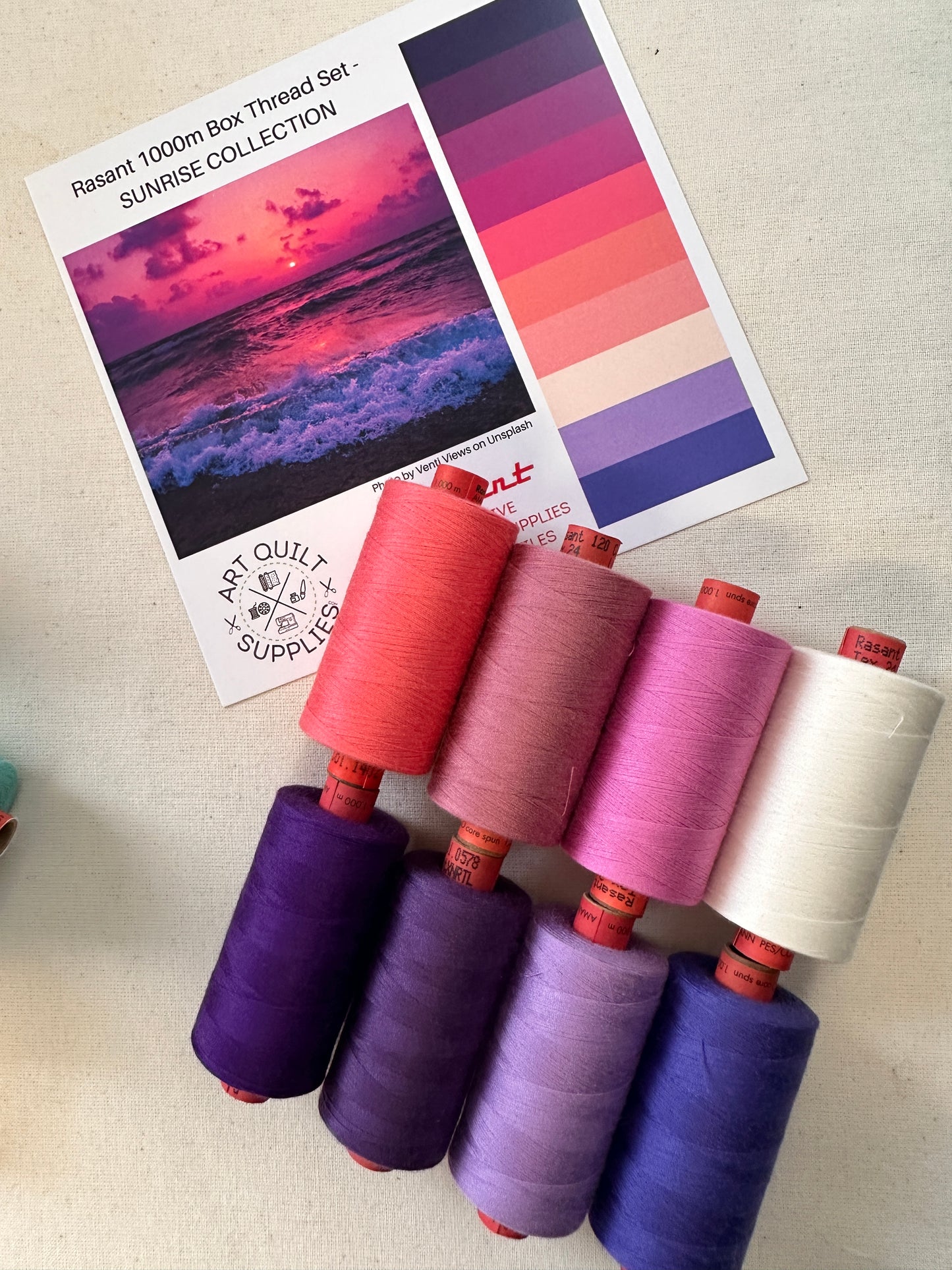 sunrise pinks and purples SET OF 8 or 10 Rasant sewing threads curated from beautiful photos creating the perfect collection available at 2 sew textiles art qult supplies