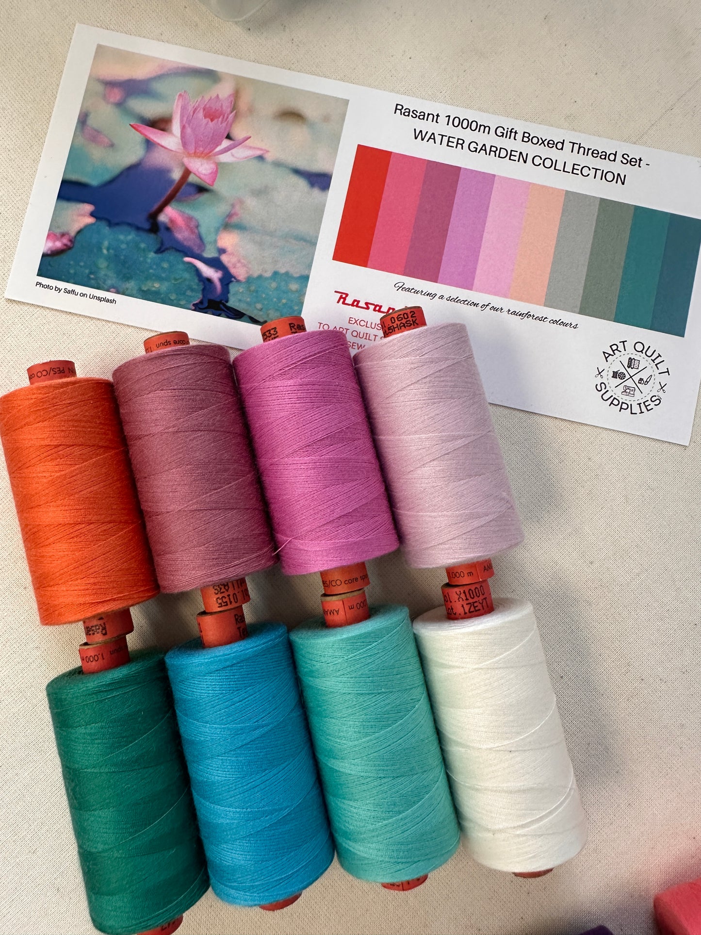 watergarden teals and pinks
SET OF 8 or 10 Rasant sewing threads curated from beautiful photos creating the perfect collection available at 2 sew textiles art qult supplies