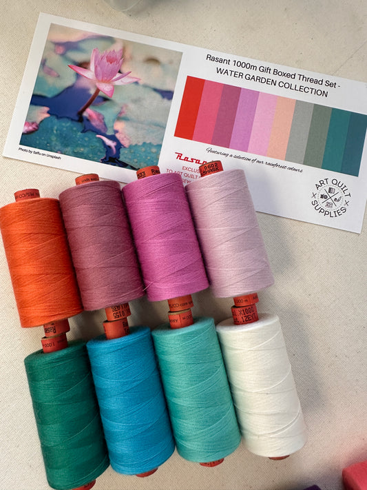 watergarden teals and pinks
SET OF 8 or 10 Rasant sewing threads curated from beautiful photos creating the perfect collection available at 2 sew textiles art qult supplies
