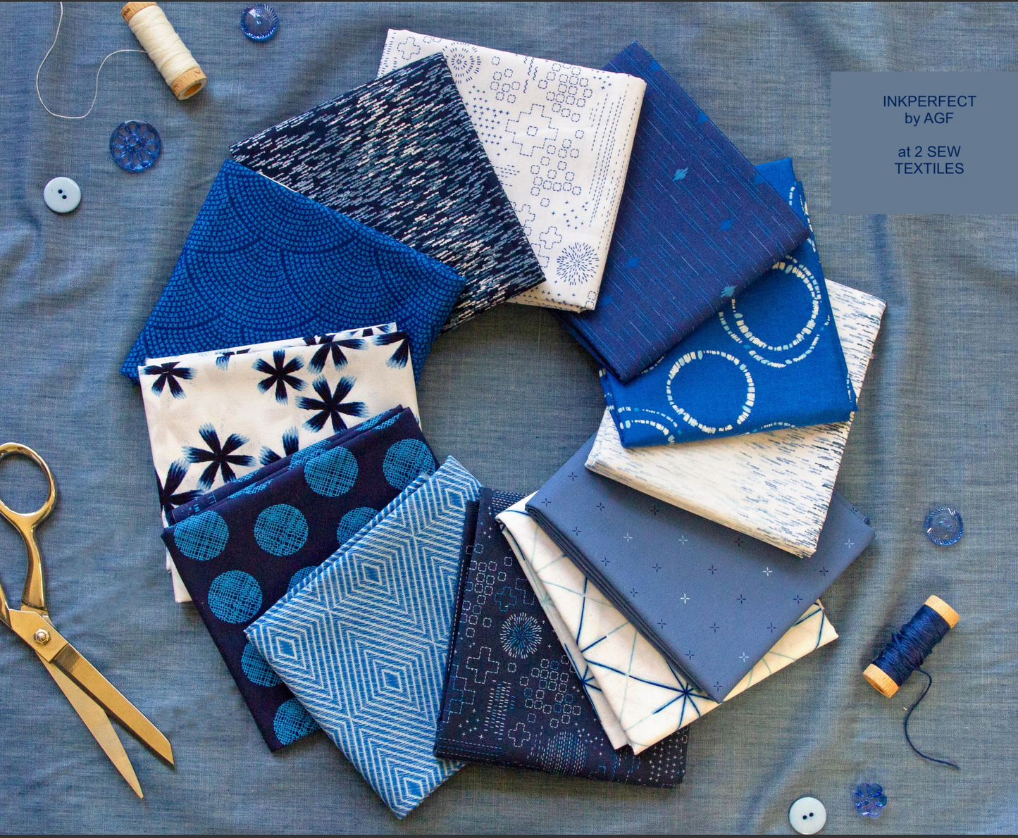 fabric lay out Inkperfect by Art gallery Fabrics a beautiful collection reminiscent of ancient japanese textile techniques available at 2 Sew Textiles Art Quilt Supplies