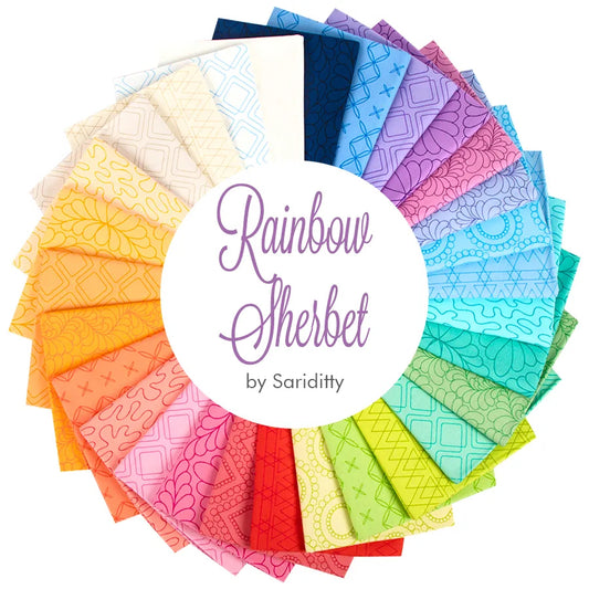 range of colours - Rainbow sherbet with fun quilty design by Sarah Ditty for Moda Fabric at 2 Sew Textiles Art Quilt Supplies