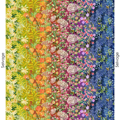 Wild Blossoms with a rainbow of colour, bees and flowers and foliage across the width. By Robin Pickens for Moda Fabric at 2 Sew Textiles Art Quilt Supplies Selvage View