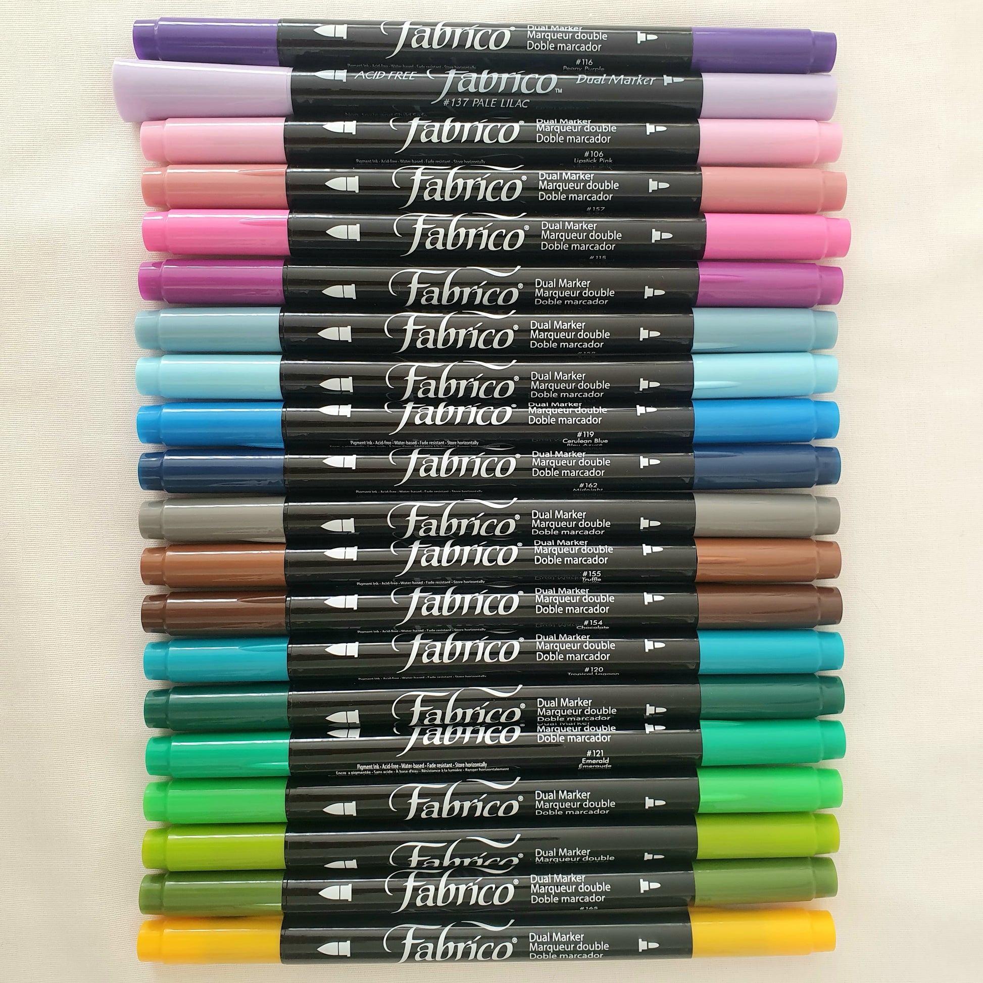 color chart - fabrico fabric markers by Tsukineko in Japan. Permanent light fast great range of colours.  available at 2 SewTextiles - art quilt supplies. great for quilt labels and textile art