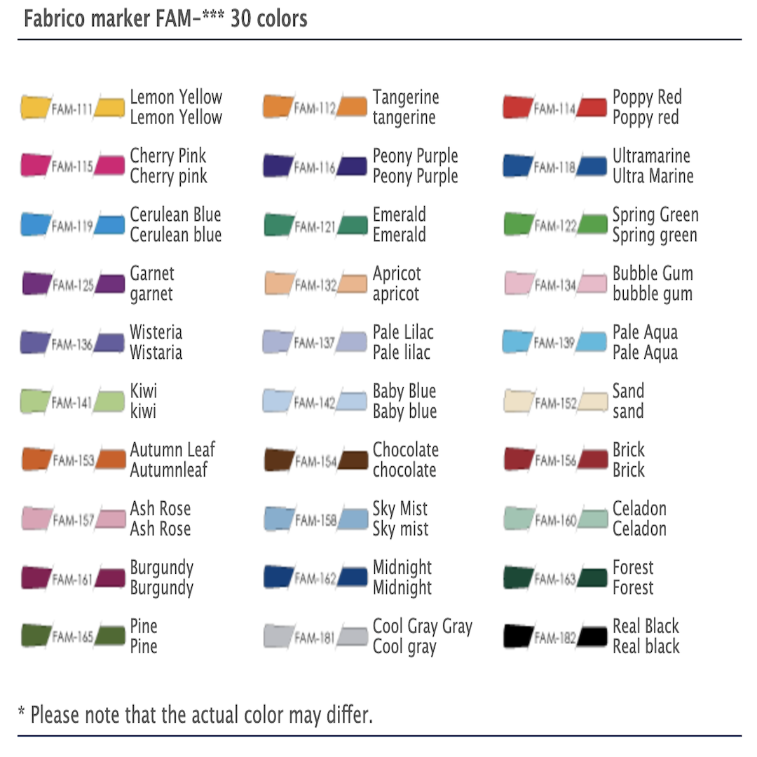 color chart - fabrico fabric markers by Tsukineko in Japan. Permanent light fast great range of colours.  available at 2 SewTextiles - art quilt supplies. great for quilt labels and textile art