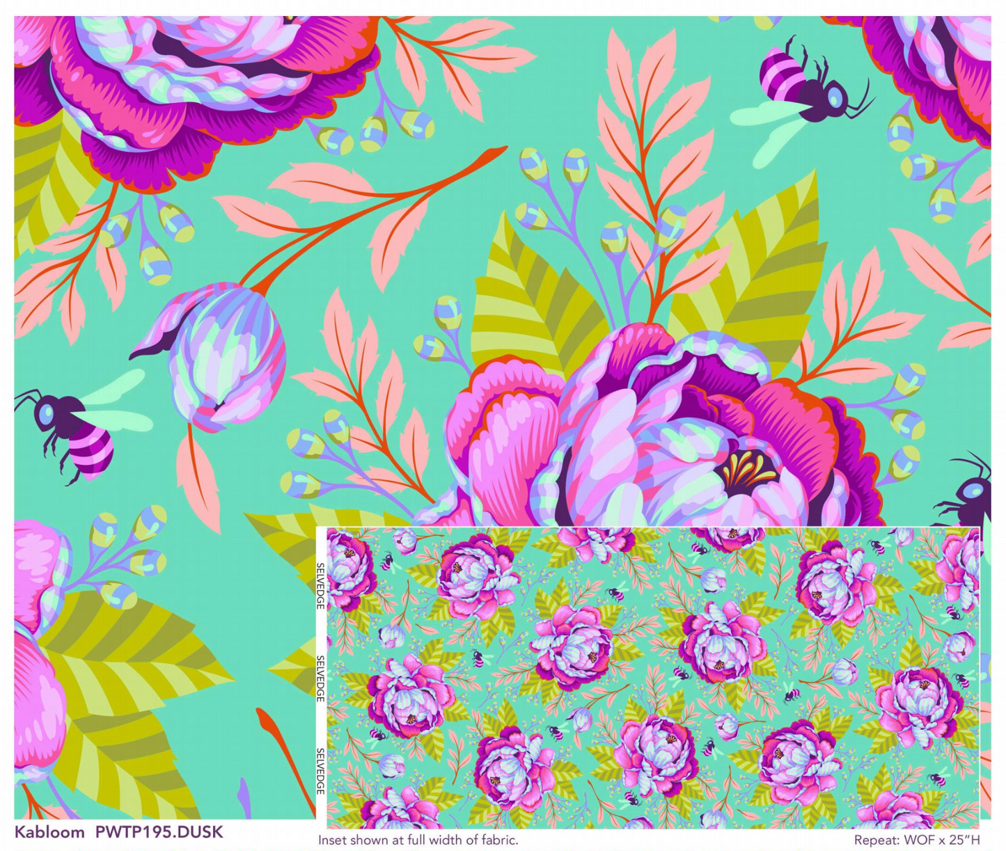 Tula Pink Kabloom teal with purple roses and bees Quilt Fabric