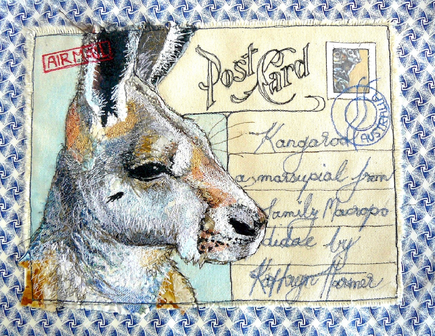 Kangaroo Australian animals - printed images of Kathryn Harmer Fox's stitched images. Printed onto Cotton Poplin - quality quilting weight by 2 Sew Textiles - art quilt supplies