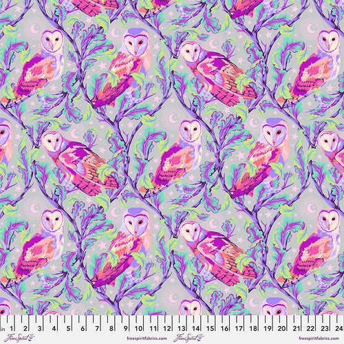 Tula Pink Moon garden owls in purple and teal and grey with ruler