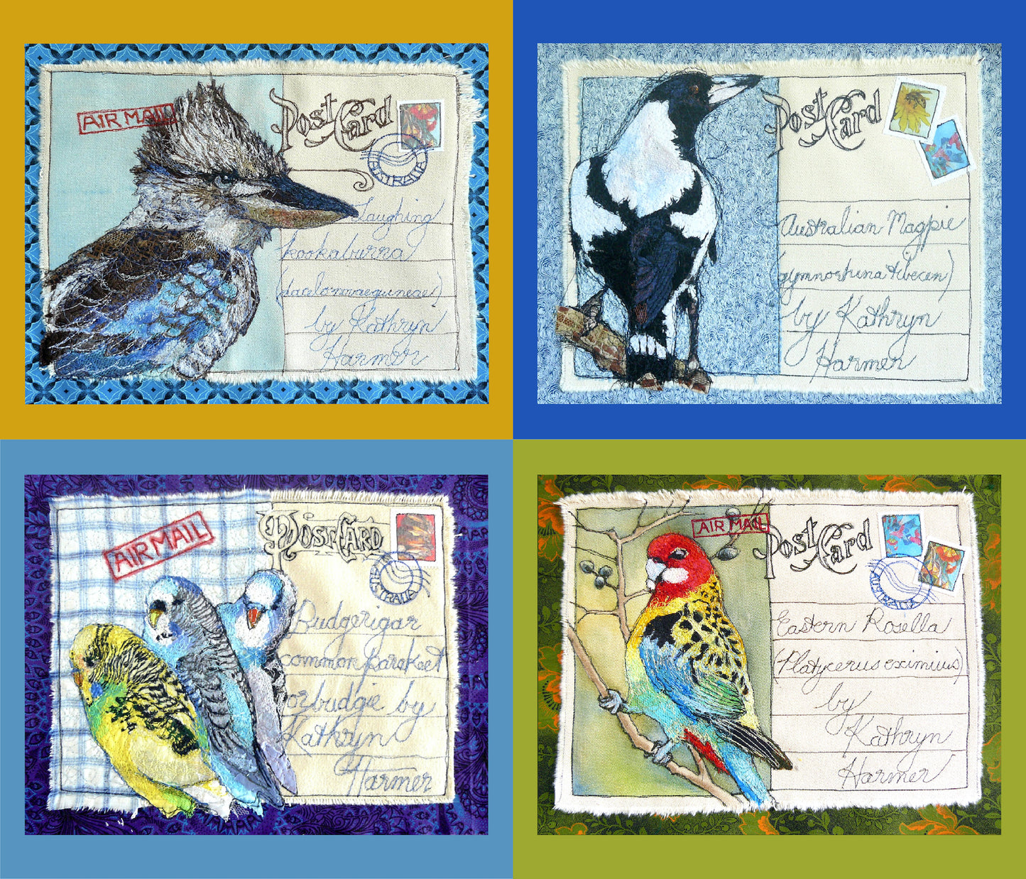 kookaburra magpie budgie rosella bird seletction - Australian animals - printed images of Kathryn Harmer Fox's stitched images. Printed onto Cotton Poplin - quality quilting weight by 2 Sew Textiles - art quilt supplies