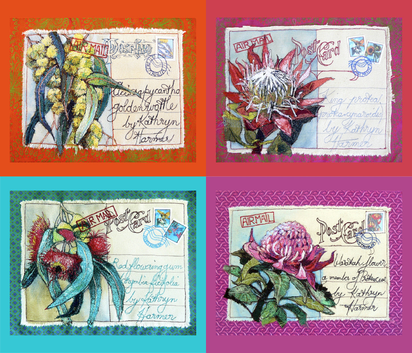 flower selection Australian animals - printed images of Kathryn Harmer Fox's stitched images. Printed onto Cotton Poplin - quality quilting weight by 2 Sew Textiles - art quilt supplies