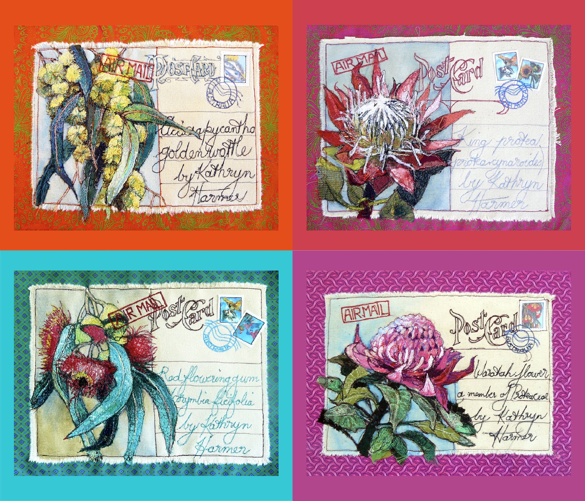 flower selection Australian animals - printed images of Kathryn Harmer Fox's stitched images.  Printed onto Cotton Poplin - quality quilting weight by 2 Sew Textiles - art quilt supplies
