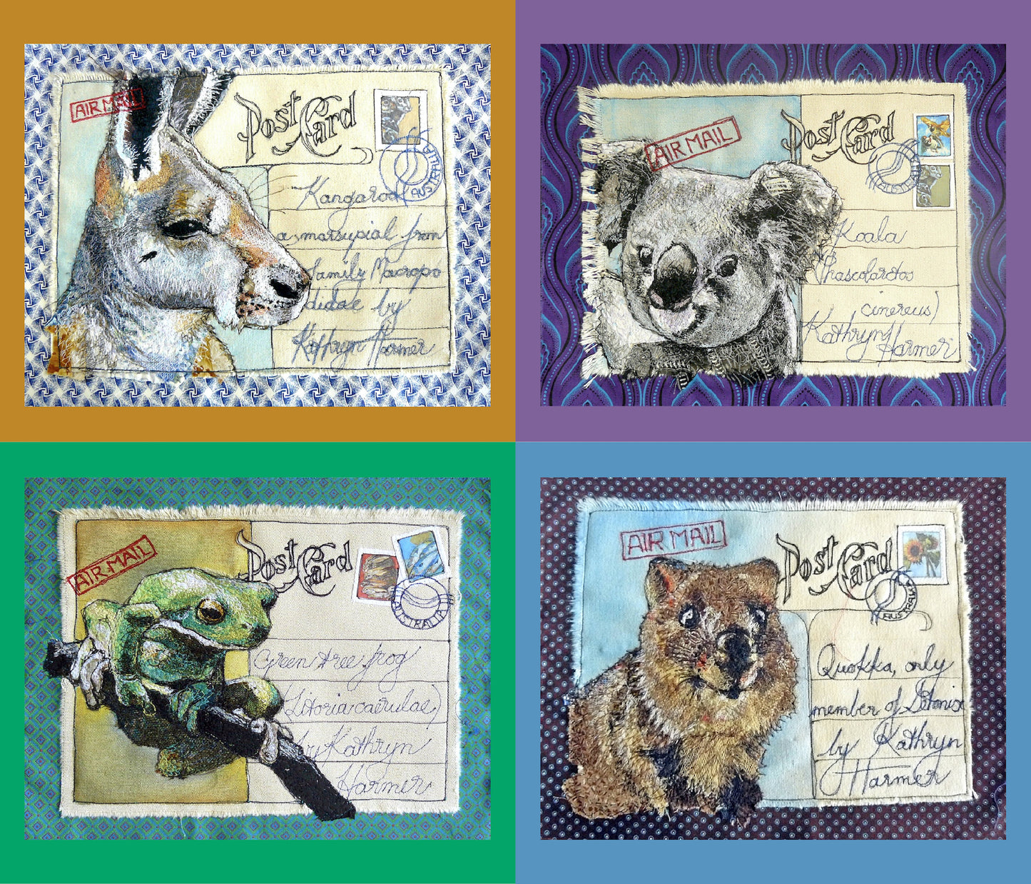 Australian animals - printed images of Kathryn Harmer Fox's stitched images. Printed onto Cotton Poplin - quality quilting weight by 2 Sew Textiles - art quilt supplies