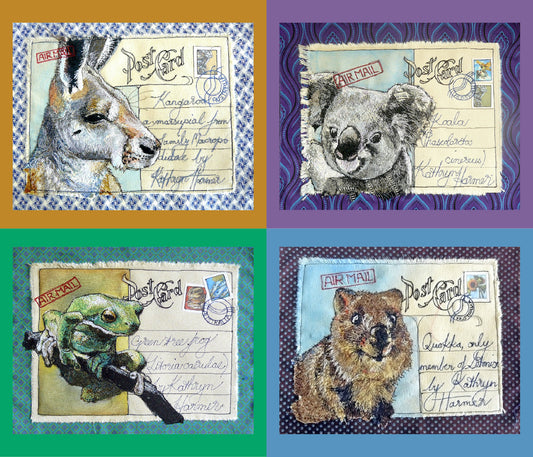 Australian animals - printed images of Kathryn Harmer Fox's stitched images.  Printed onto Cotton Poplin - quality quilting weight by 2 Sew Textiles - art quilt supplies