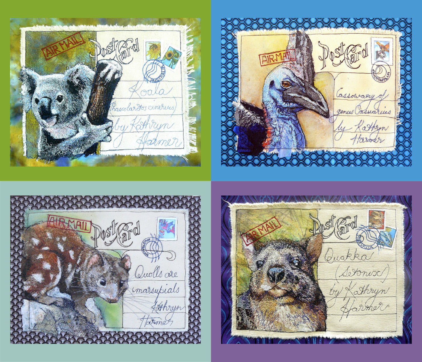 koala cassowary, quoll quokka Australian animals - printed images of Kathryn Harmer Fox's stitched images. Printed onto Cotton Poplin - quality quilting weight by 2 Sew Textiles - art quilt supplies