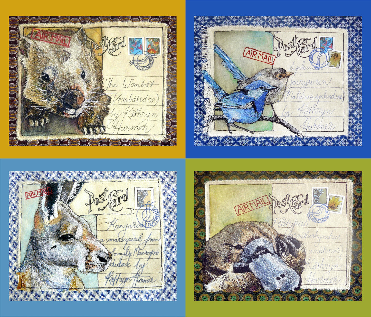 wombat wren kangaroo platypus Australian animals - printed images of Kathryn Harmer Fox's stitched images. Printed onto Cotton Poplin - quality quilting weight by 2 Sew Textiles - art quilt supplies