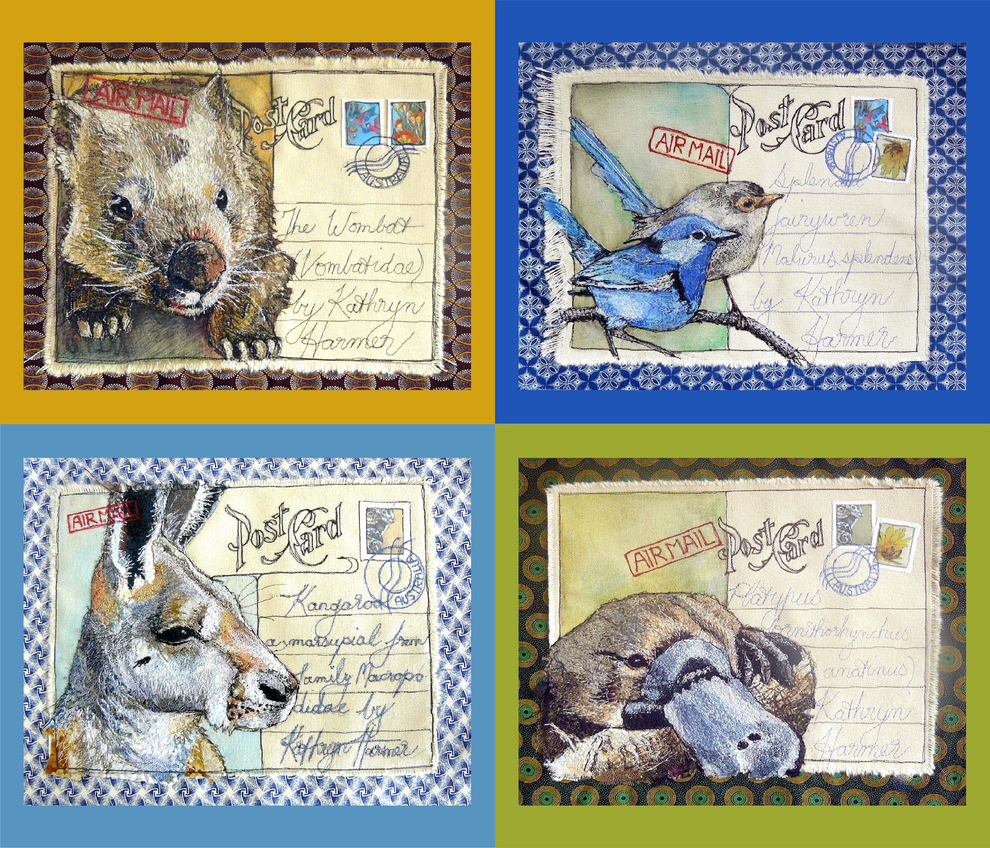 wombat wren kangaroo platypus Australian animals - printed images of Kathryn Harmer Fox's stitched images.  Printed onto Cotton Poplin - quality quilting weight by 2 Sew Textiles - art quilt supplies