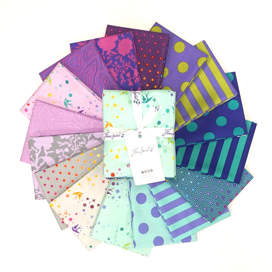 Fabric layout Peacock colourway - Pink purple magenta teal blue grey Tula pink fat quarter fq fabric stack fabrics from here True Colours colors fabric line available at 2 sew textiles art quilt supplies