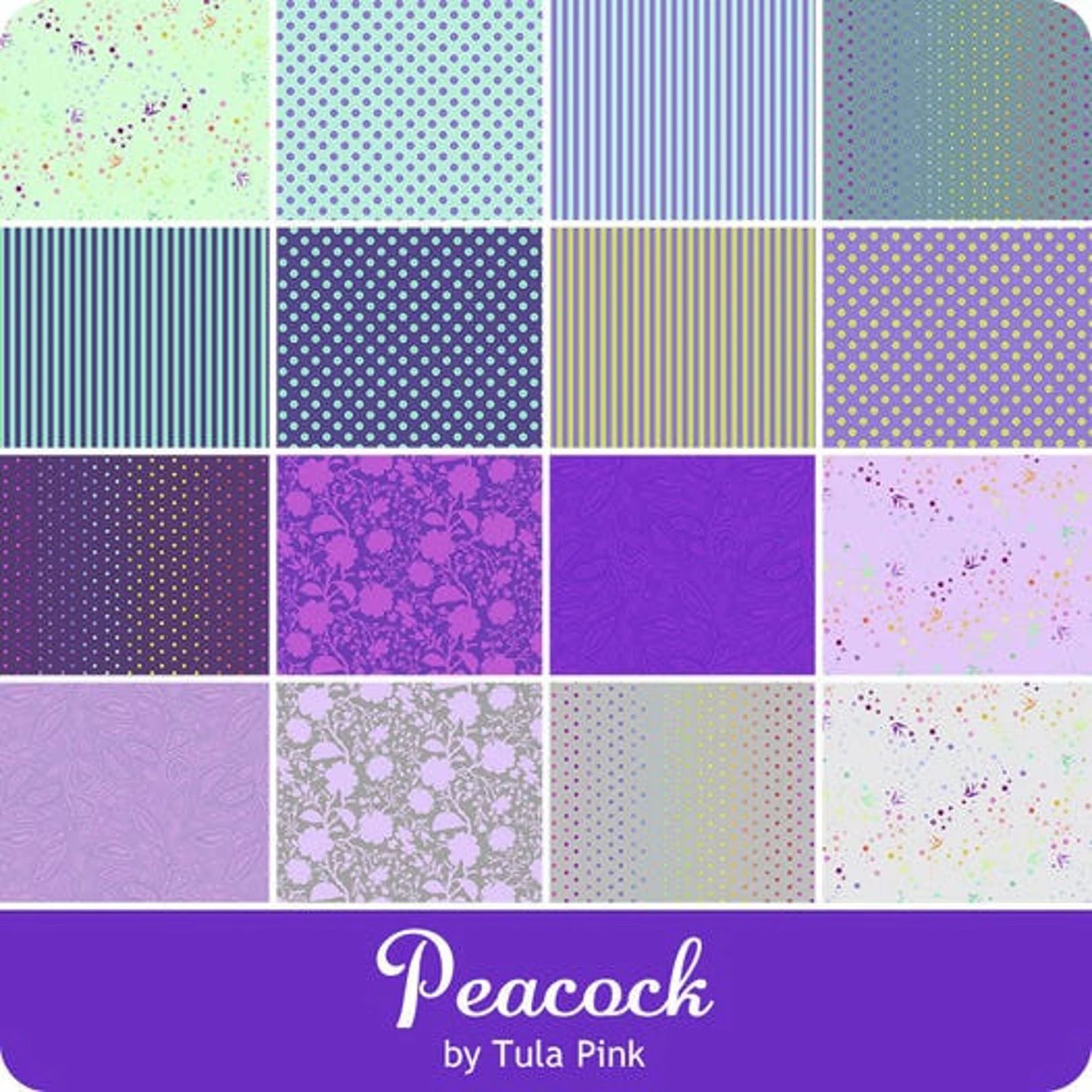 Fabric colour chart Peacock colourway - Pink purple magenta teal blue grey Tula pink fat quarter fq fabric stack fabrics from here True Colours colors fabric line available at 2 sew textiles art quilt supplies