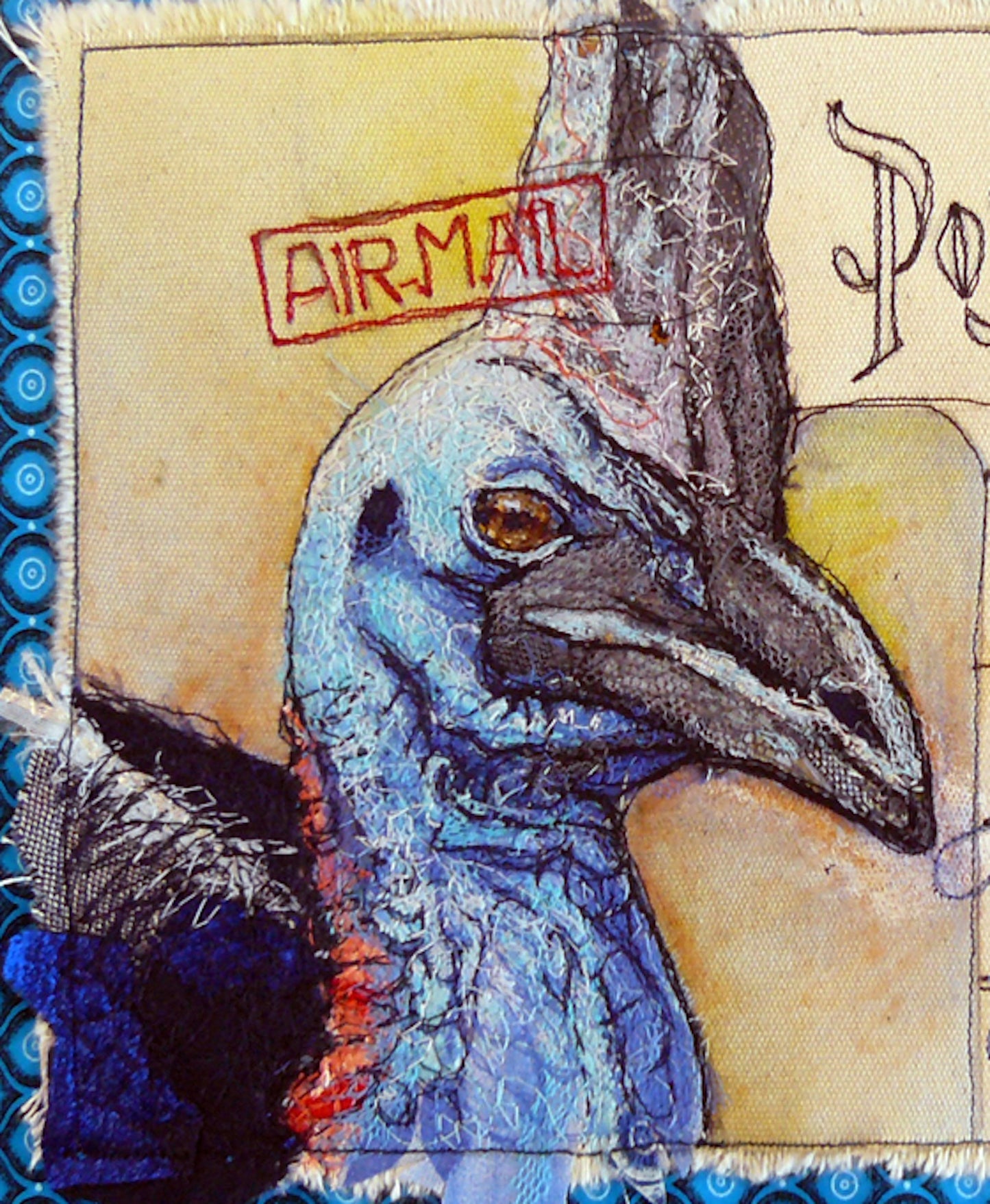 sample of cassowary Australian animals - printed images of Kathryn Harmer Fox's stitched images. Printed onto Cotton Poplin - quality quilting weight by 2 Sew Textiles - art quilt supplies
