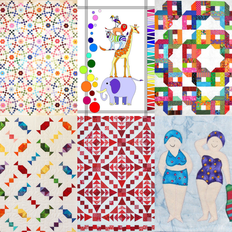 Collage of various colorful quilt patterns and illustrations.