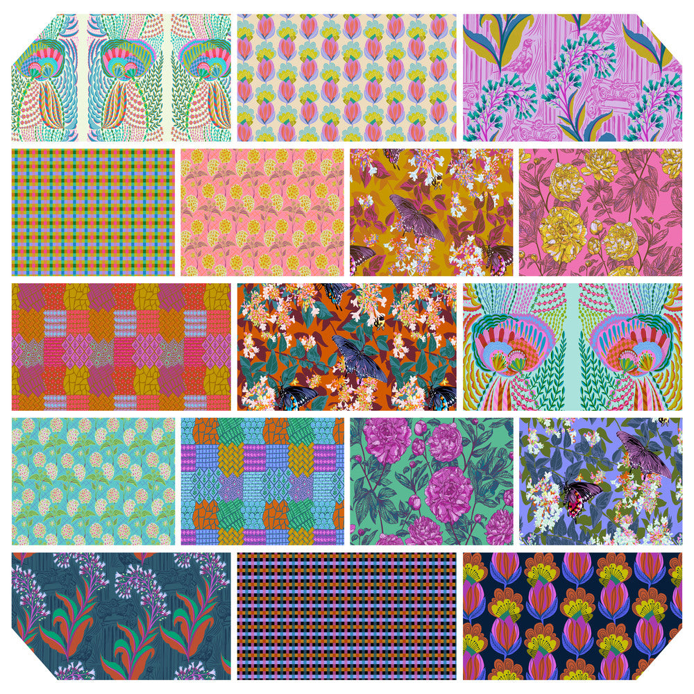 Anna Maria fat quarter bundle of 17 fabric laid out. Available from 2 sew textiles art quilt supplies. By free spirit fabrics