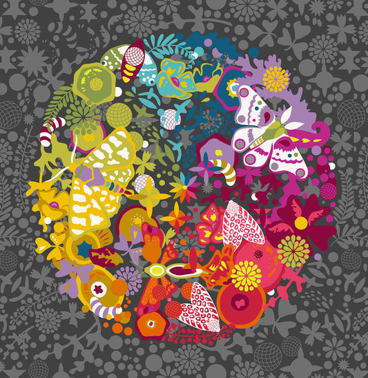 panel example Alison Glass - Colorwheel in Art theory Day Night - quilt fabric collection available at Brisbane Australia online fabric store art quilt supplies 2 sew textiles. colour fun fabrics, featuring moths and flowers and other lovely nuances. Great as border, binding and feature fabrics, but also wonderful as a cushions and round table mats.