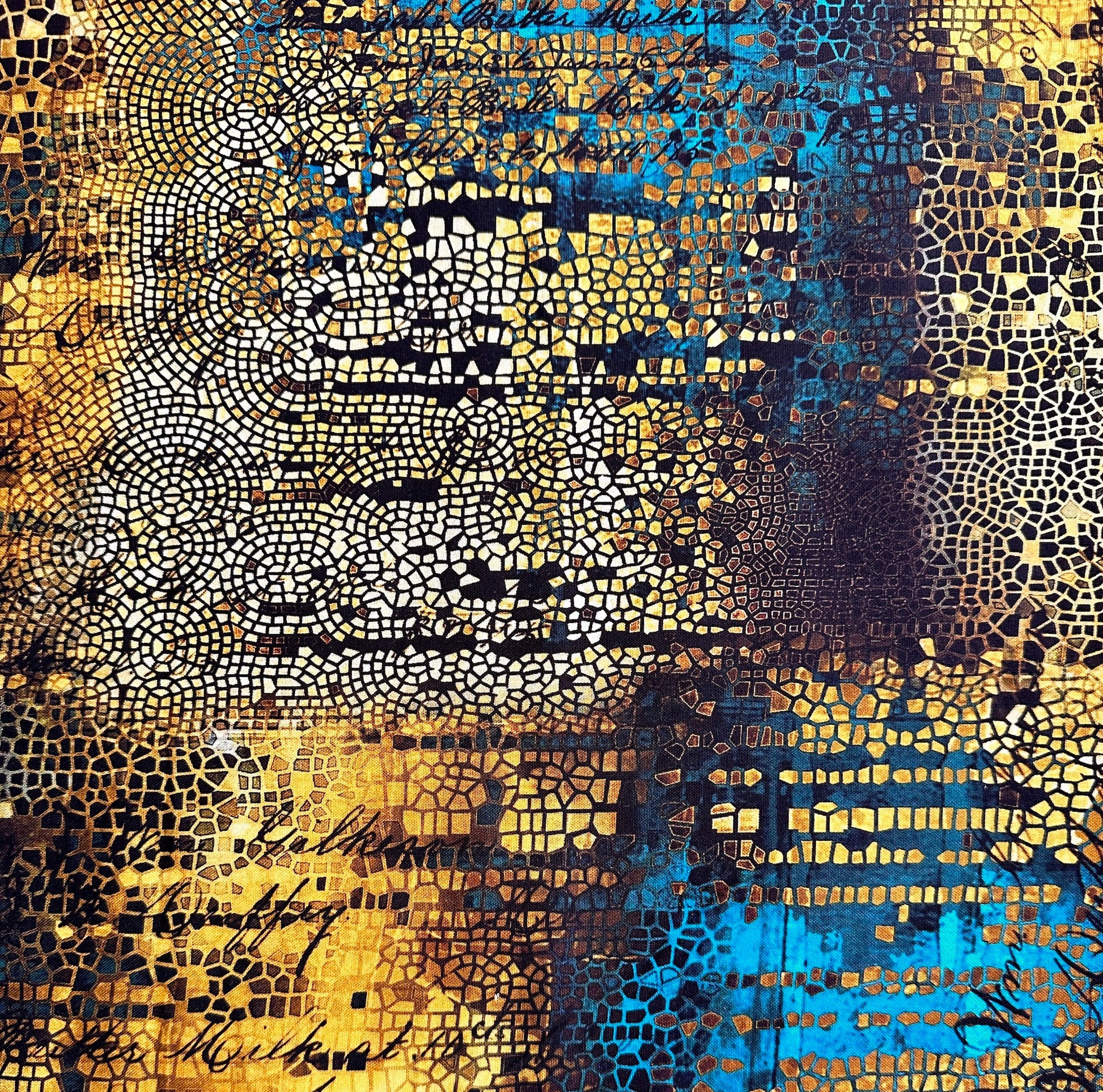 Tim Holtz Abandoned - Gilded Mosaic blues and golds with text and mosaic pattern.  For Free spirit Fabrics PWTH140 GOLD  at 2 sew textiles art quilt supplies