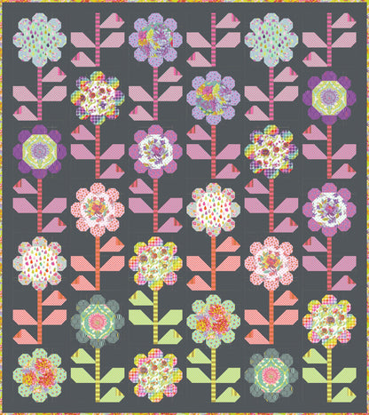 Tula pink free Pattern  available at 2 sew textiles art quilt supplies of colorful flowers on a gray background
