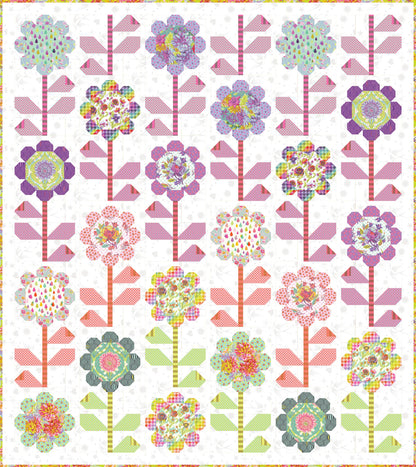 Tula pink free Pattern  available at 2 sew textiles art quilt supplies Pattern of colorful flowers on a white background