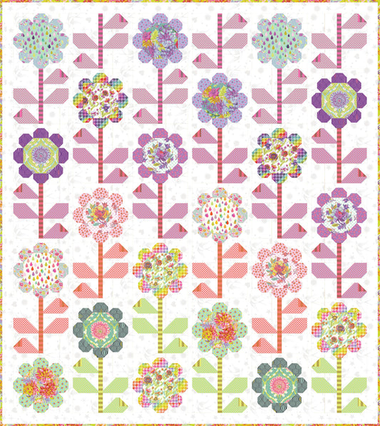 Tula pink free Pattern  available at 2 sew textiles art quilt supplies Pattern of colorful flowers on a white background