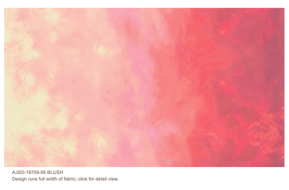 Gradient fabric swatch transitioning from pink to red with 'AJSD-18709-96 BLUSH' label.