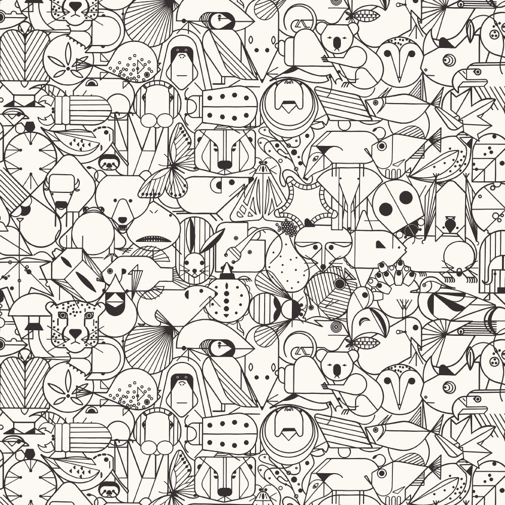 Charley Harper best of volume 2 - end papers fabric in natural (black and white) great little animals each artfully designed available at 2 sew textiles art quilt supplies