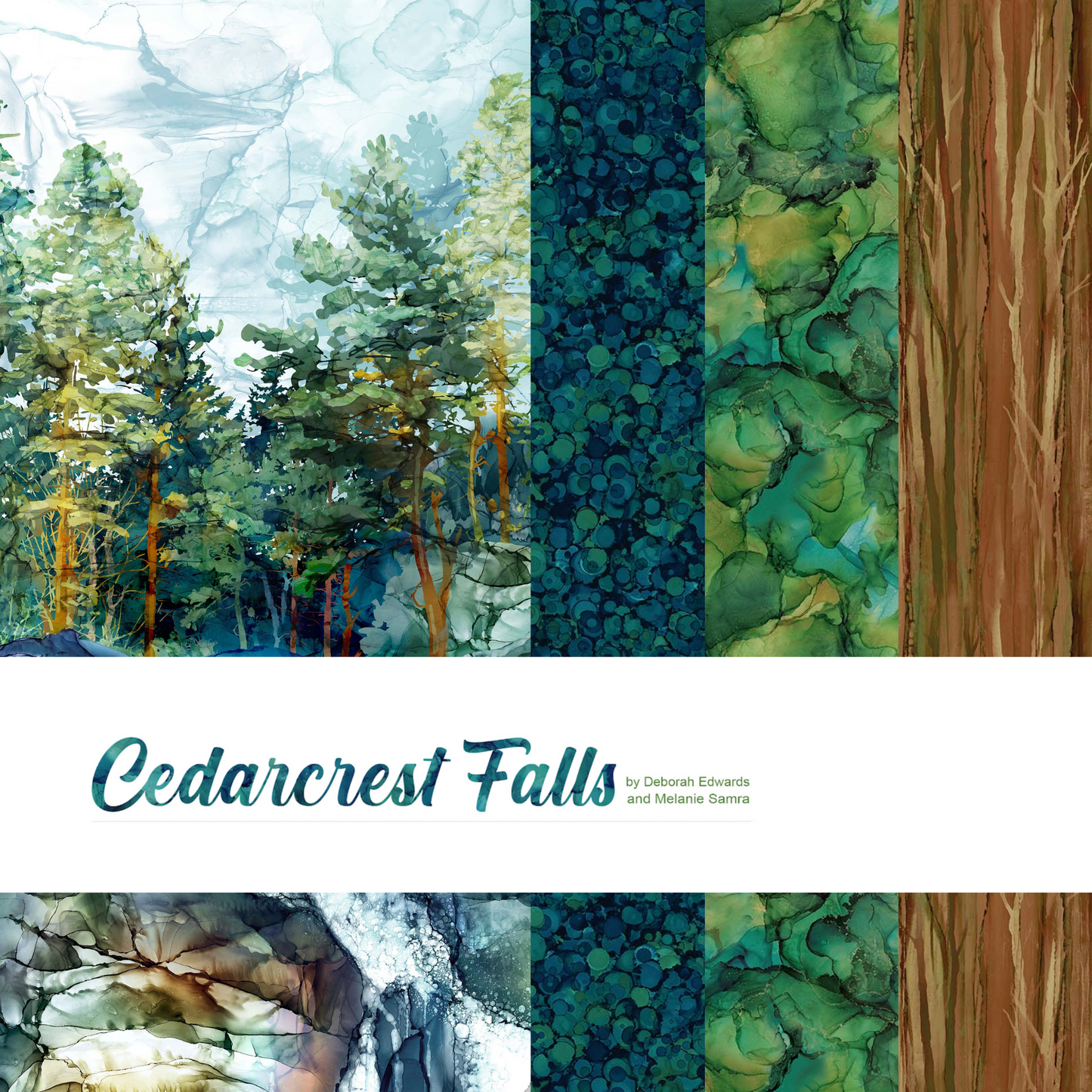 Cedarcrest falls panel for Northcott fabrics, landscape watercolor designs. panel and natural texture prints. available at 2 sew textiles art quilt supplies