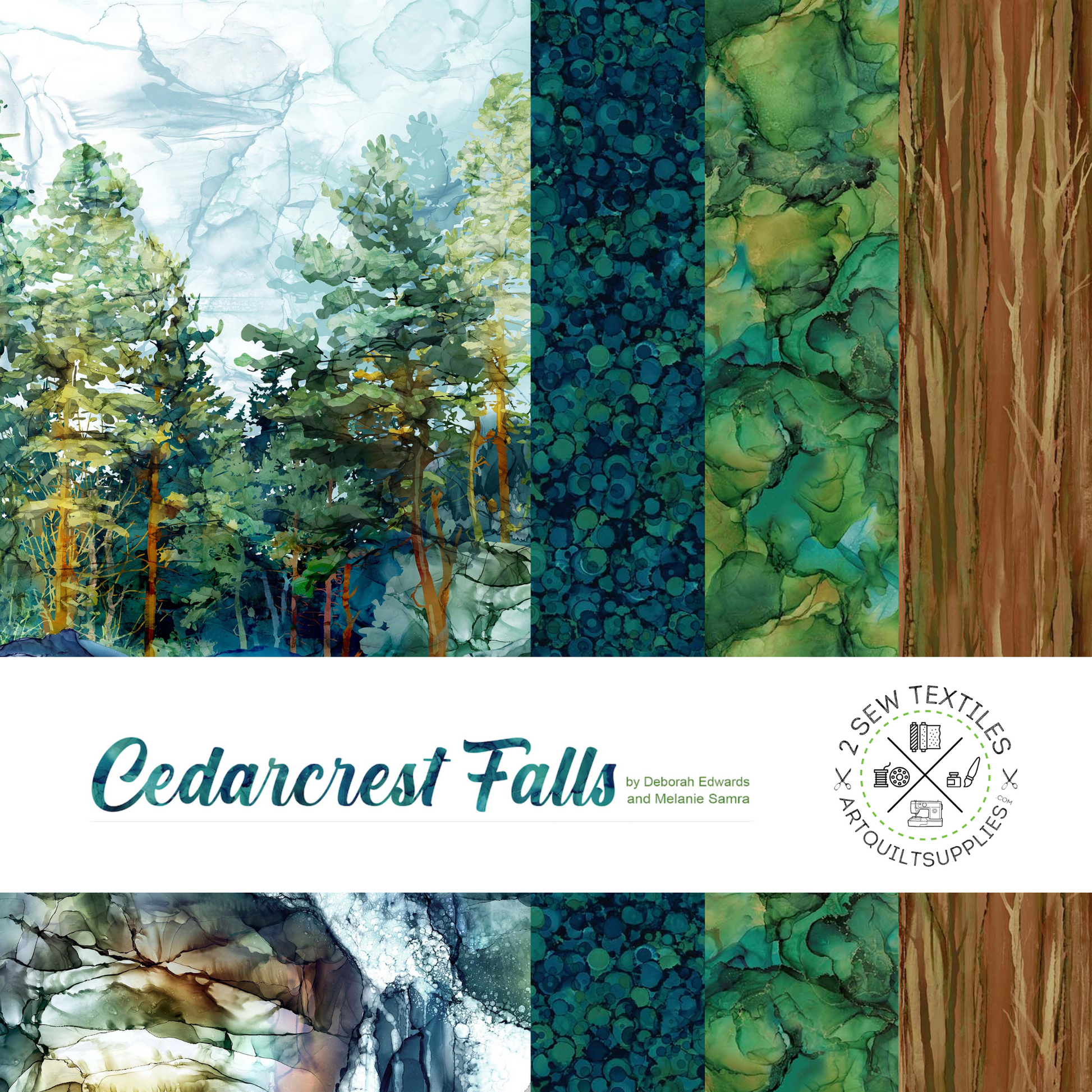 Cedarcrest falls panel for Northcott fabrics, landscape watercolor designs. panel and natural texture prints. available at 2 sew textiles art quilt supplies