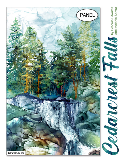 Cedarcrest falls panel for Northcott fabrics, landscape watercolor designs. panel and natural texture prints. available at 2 sew textiles art quilt supplies