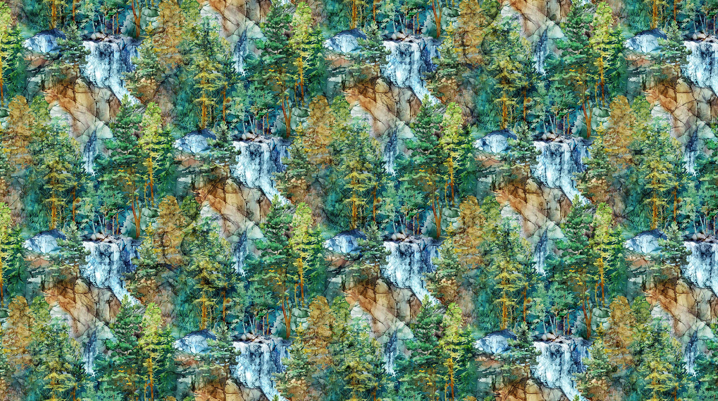 full fabric meterage natural landscape yardage Cedarcrest falls fabric for Northcott fabrics, landscape watercolor designs. panel and natural texture prints. available at 2 sew textiles art quilt supplies