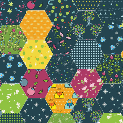 Hexagonal patchwork pattern with various colors and designs on a blue background