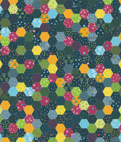 Colorful hexagonal pattern on a dark blue background