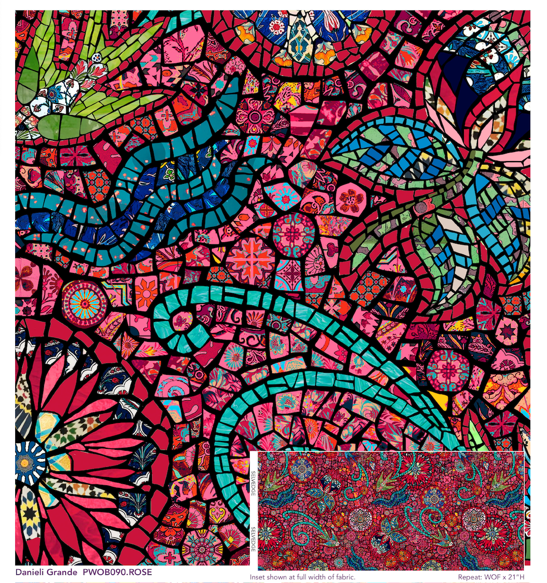 daniele grande rose PWOB090.ROSE Murano collection by Odile Bailloeul inspired mosaics and marble, animals with flowers and cracked floors of palaces and castles.  reds blues teals and greens  available at 2 sew textiles art quilt supplies