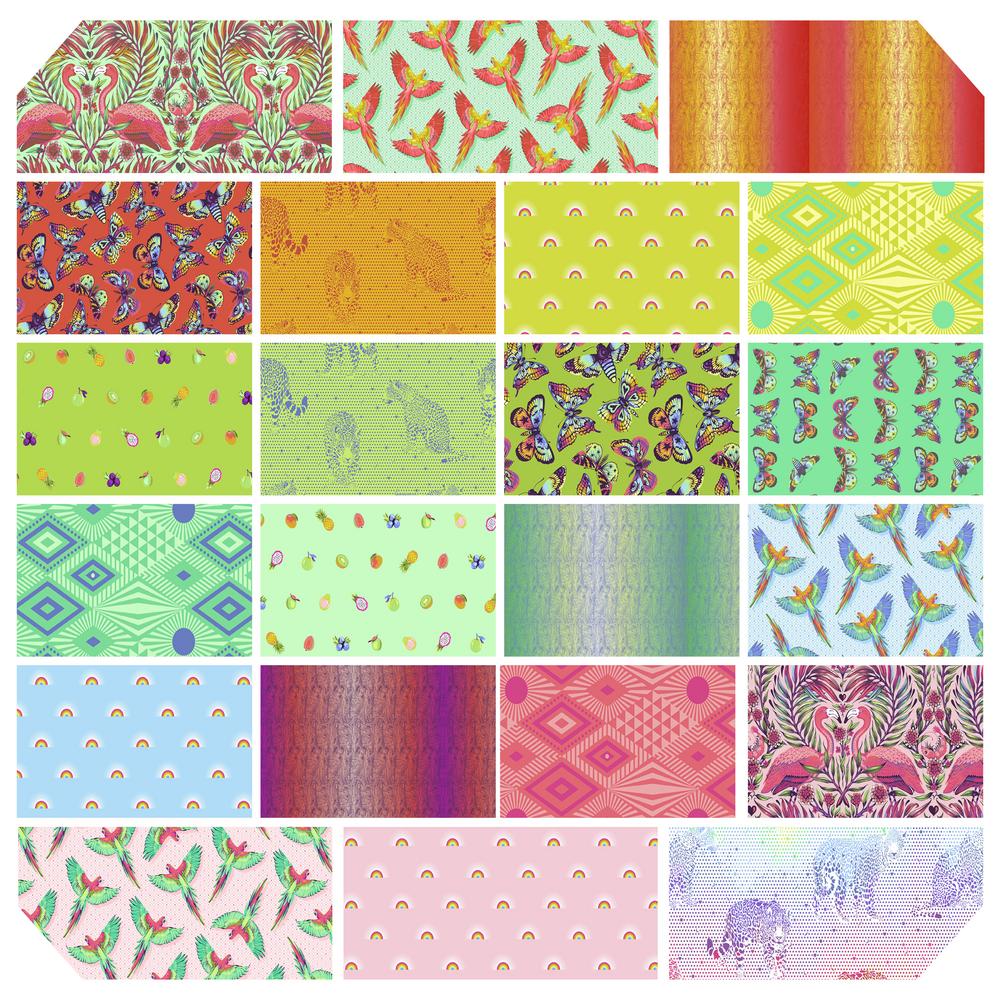 This collection features flamingos birds butterflies jaguars diamonds and fruitDaydreamer 22pc fat quarter stack by Tula Pink for FreeSpirit fabrics at 2 Sew Textiles art quilt supplies