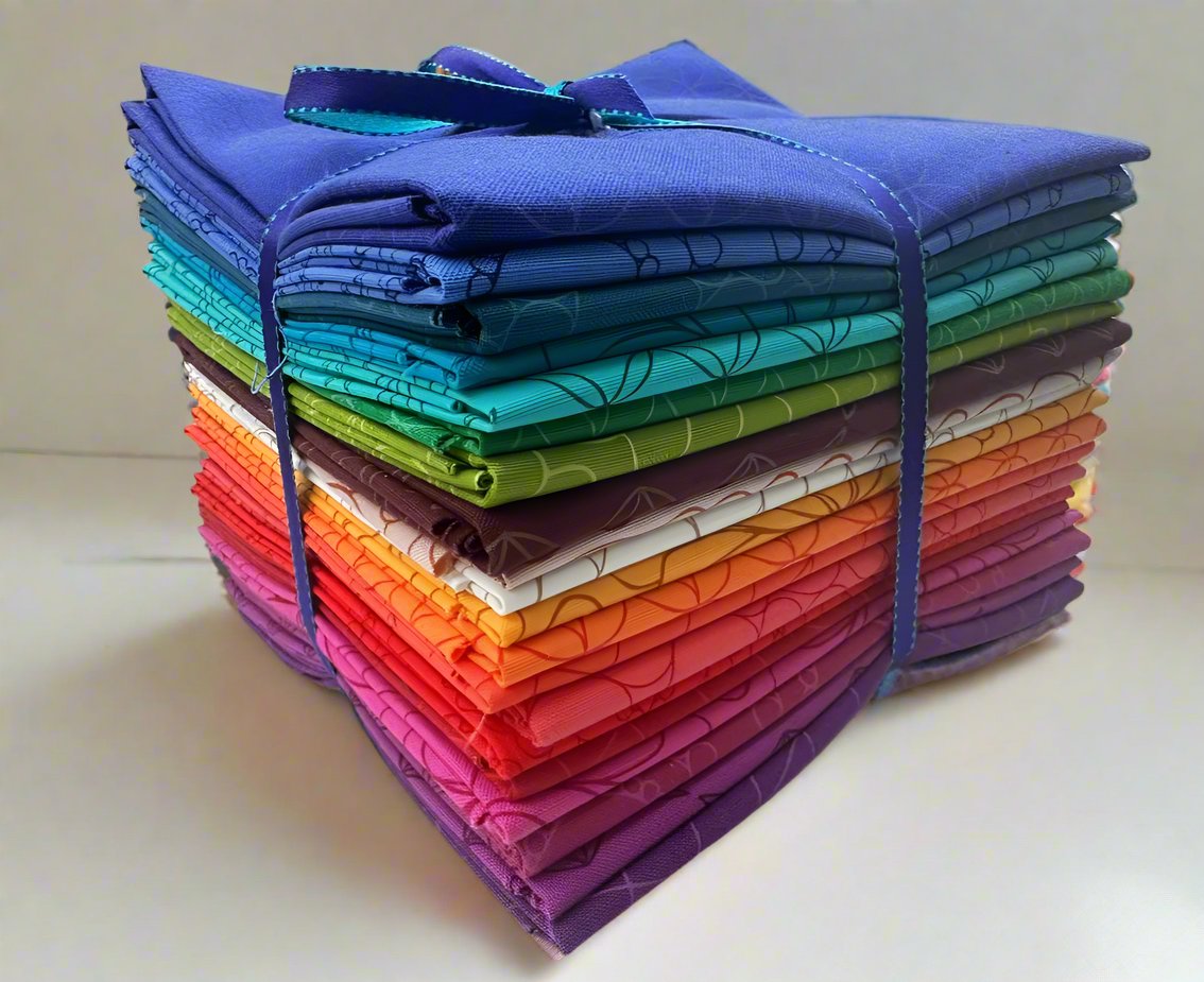 Full Collection FAT QUARTER BUNDLE OF 20 SARAH THOMAS RAINBOW SPICE QUILTING FABRICS TIED WITH A RIBBON.  AVAILABLE AT 2 SEW TEXTILES ART QUILT SUPPLIES